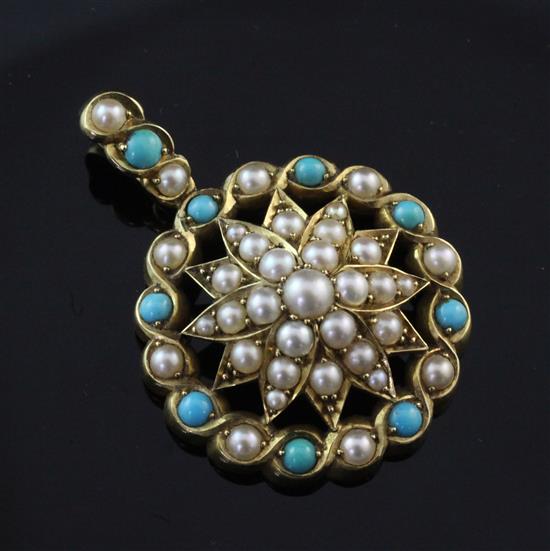 A Victorian style gold, turquoise and split pearl set pendant, overall 1.5in.